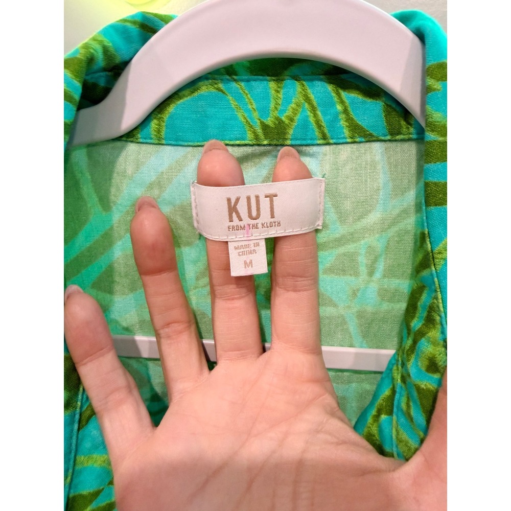 KUT from the Kloth Green Turquoise Tropical Leaf Faux Wrap Mini Dress Medium - Picture 3 of 5